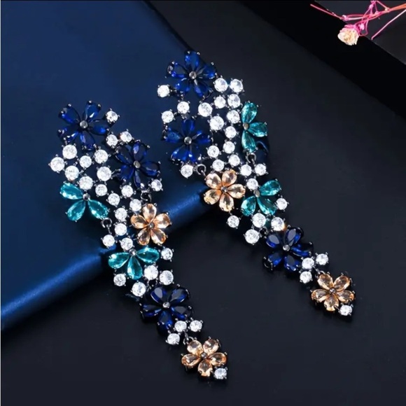 Blue Sapphire, Citrine, Aquamarine Gemstone Dangle Cubic Zirconia Earrings - Picture 6 of 7